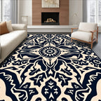 Dark Navy Cream Intricate Floral Pattern Rug