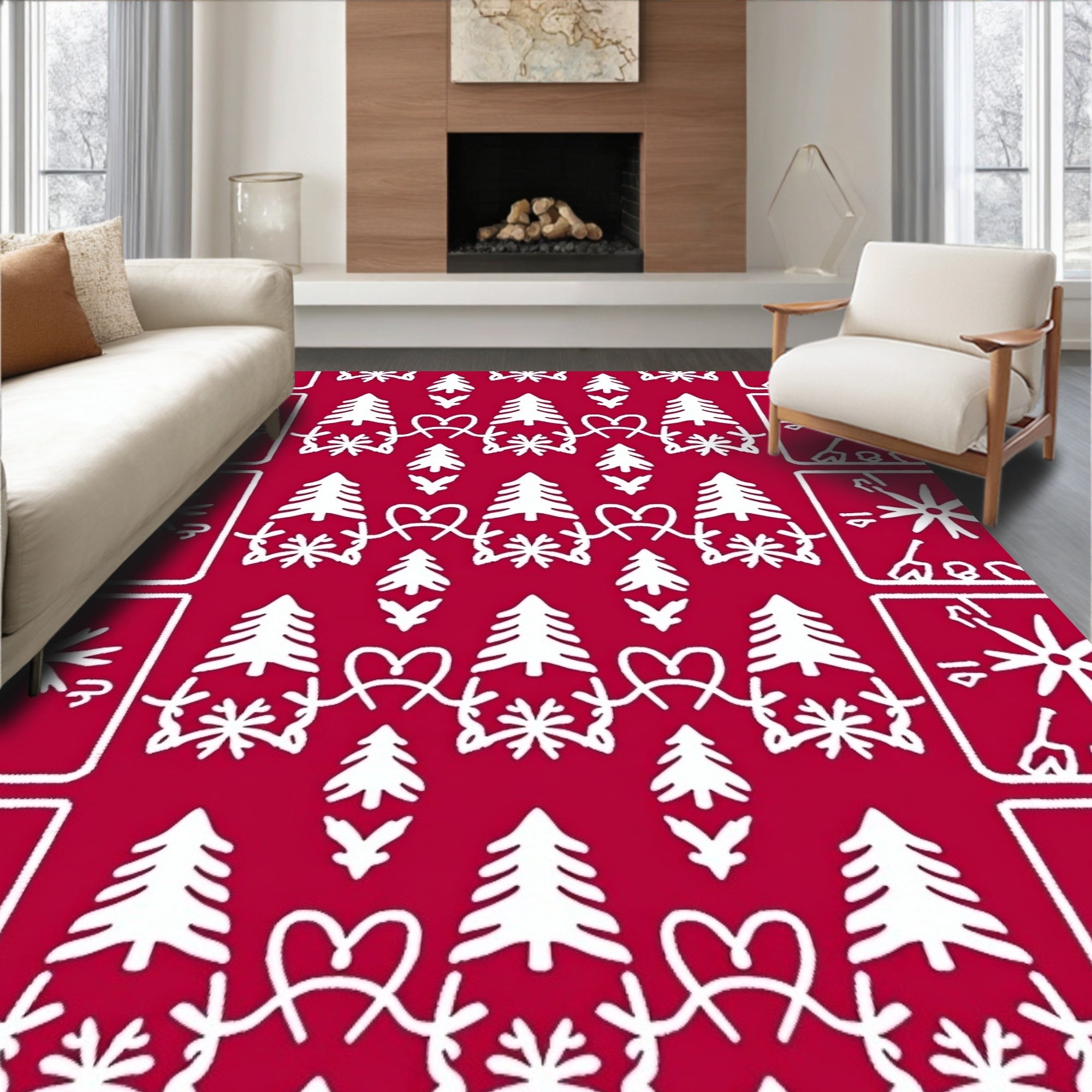 White Festive Trees Hearts Snowflakes Rug