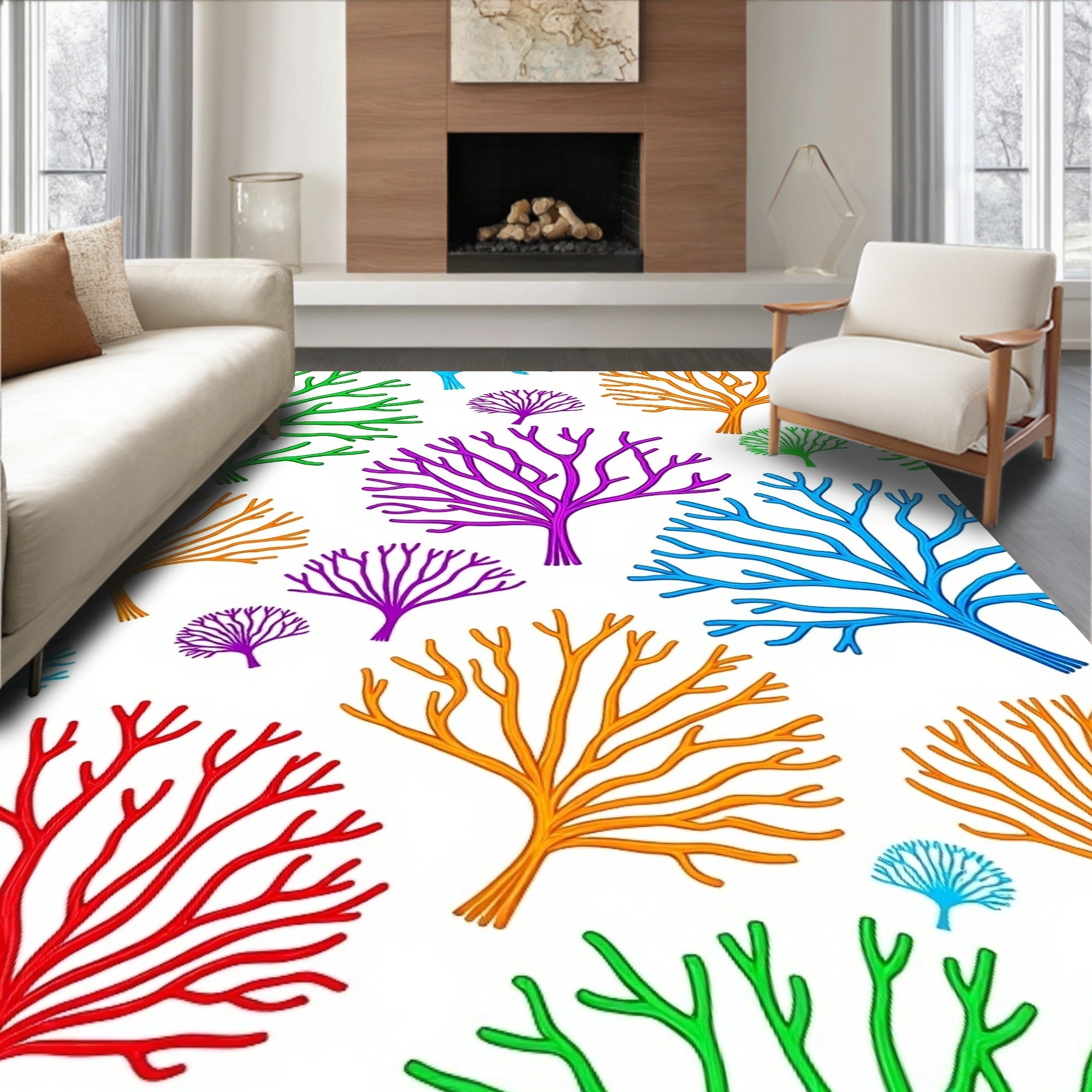 Vibrant Coral Branch Pattern Rug