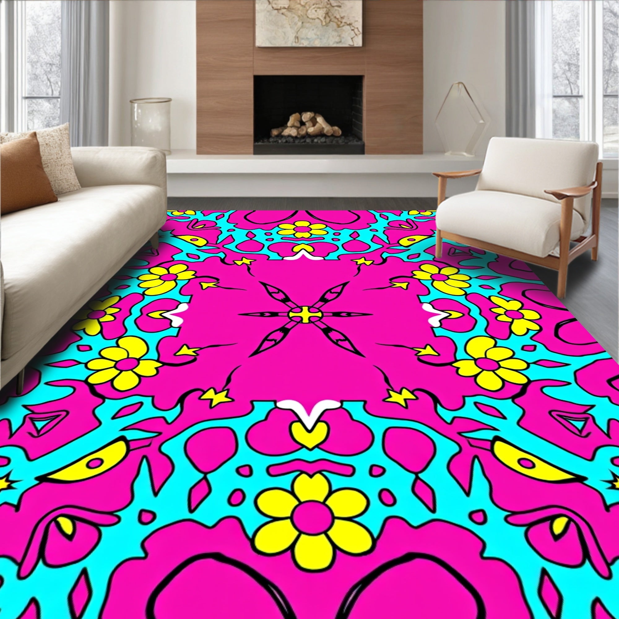 Vibrant Pink Yellow Floral Pattern Rug