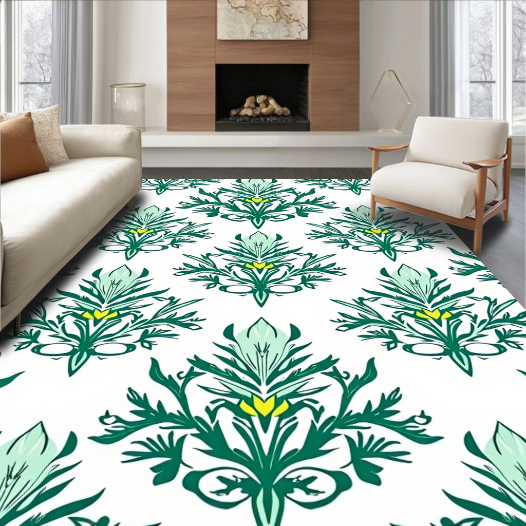 Green Yellow Floral Damask Pattern Rug