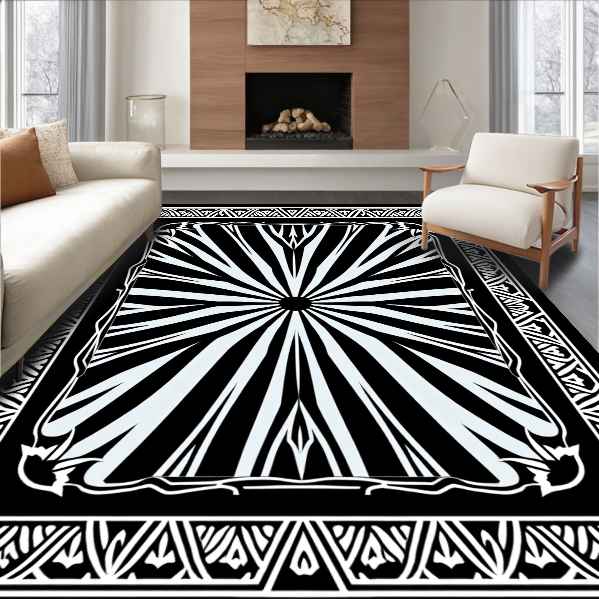 Radiating Sunburst With Geometric Border Rug