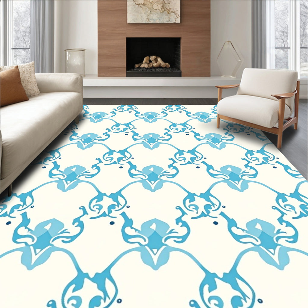 Oceanic Blue Scroll Pattern Rug