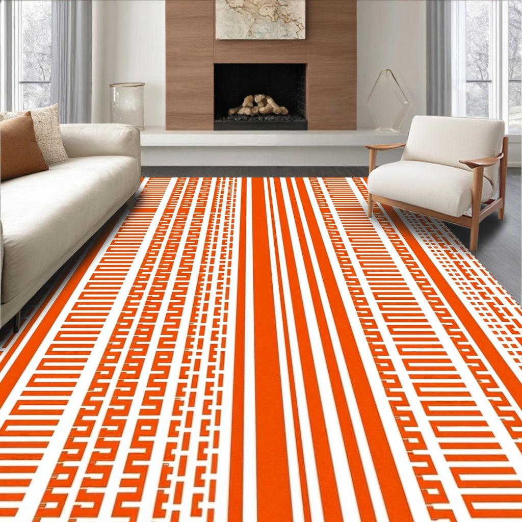 Orange White Striped Geometric Pattern Rug