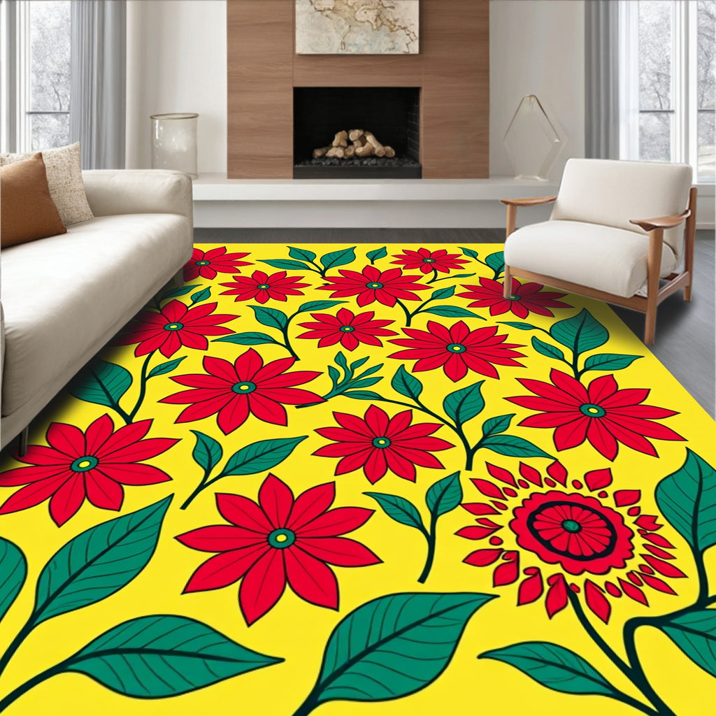 Bright Red Floral Vines Pattern Rug