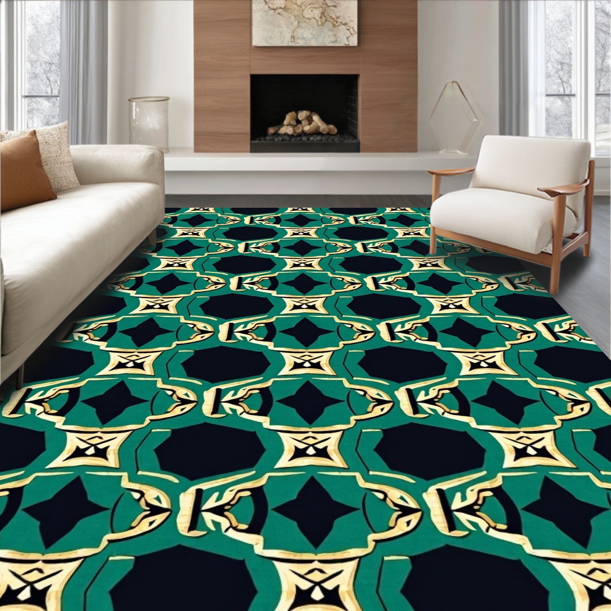 Emerald Black Gold Abstract Pattern Rug
