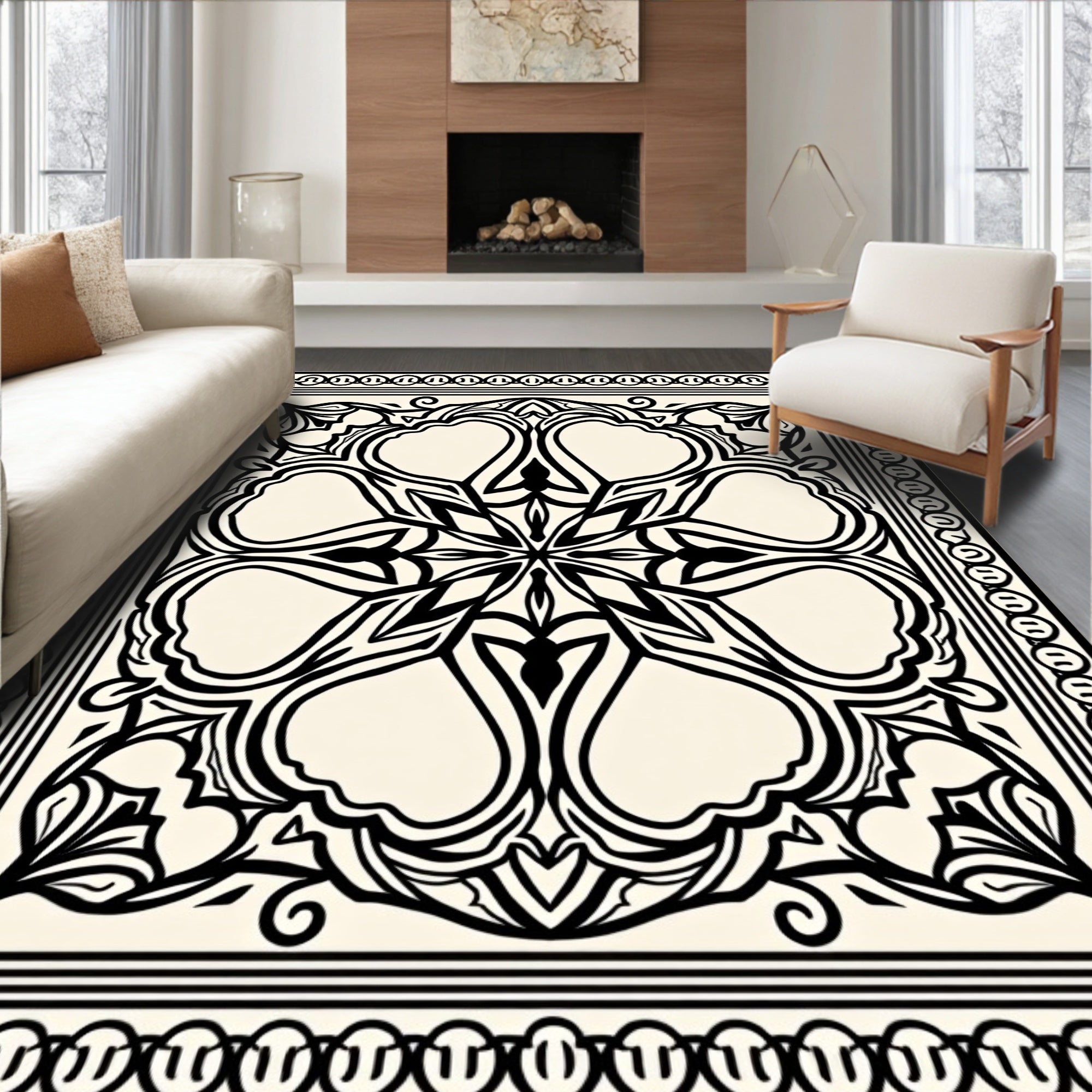 Ornate Black Floral Mandala Border Design Rug