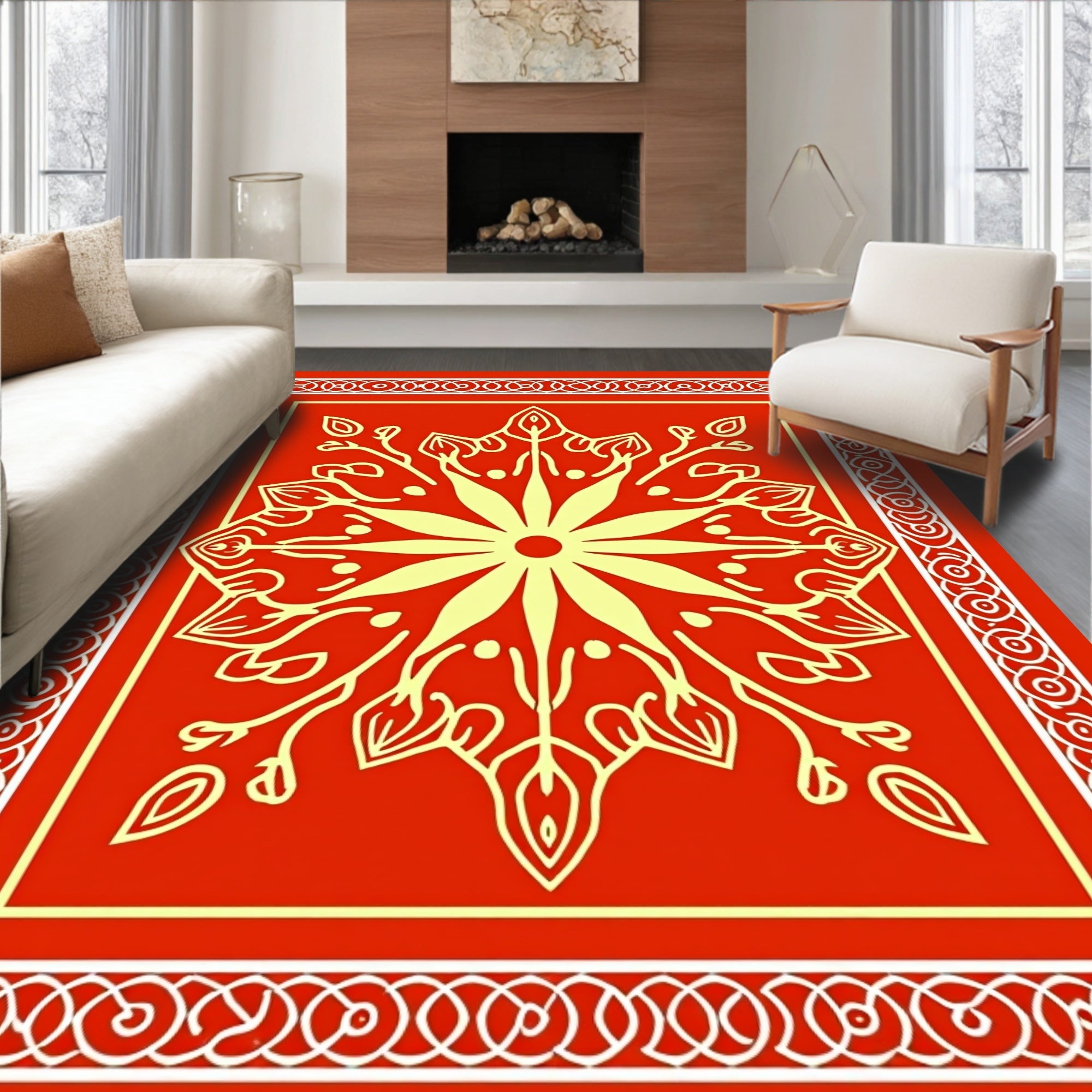 Bold Red Yellow Floral Mandala Rug