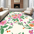Drawn Floral Pattern with Pink and Orange Blooms Rug