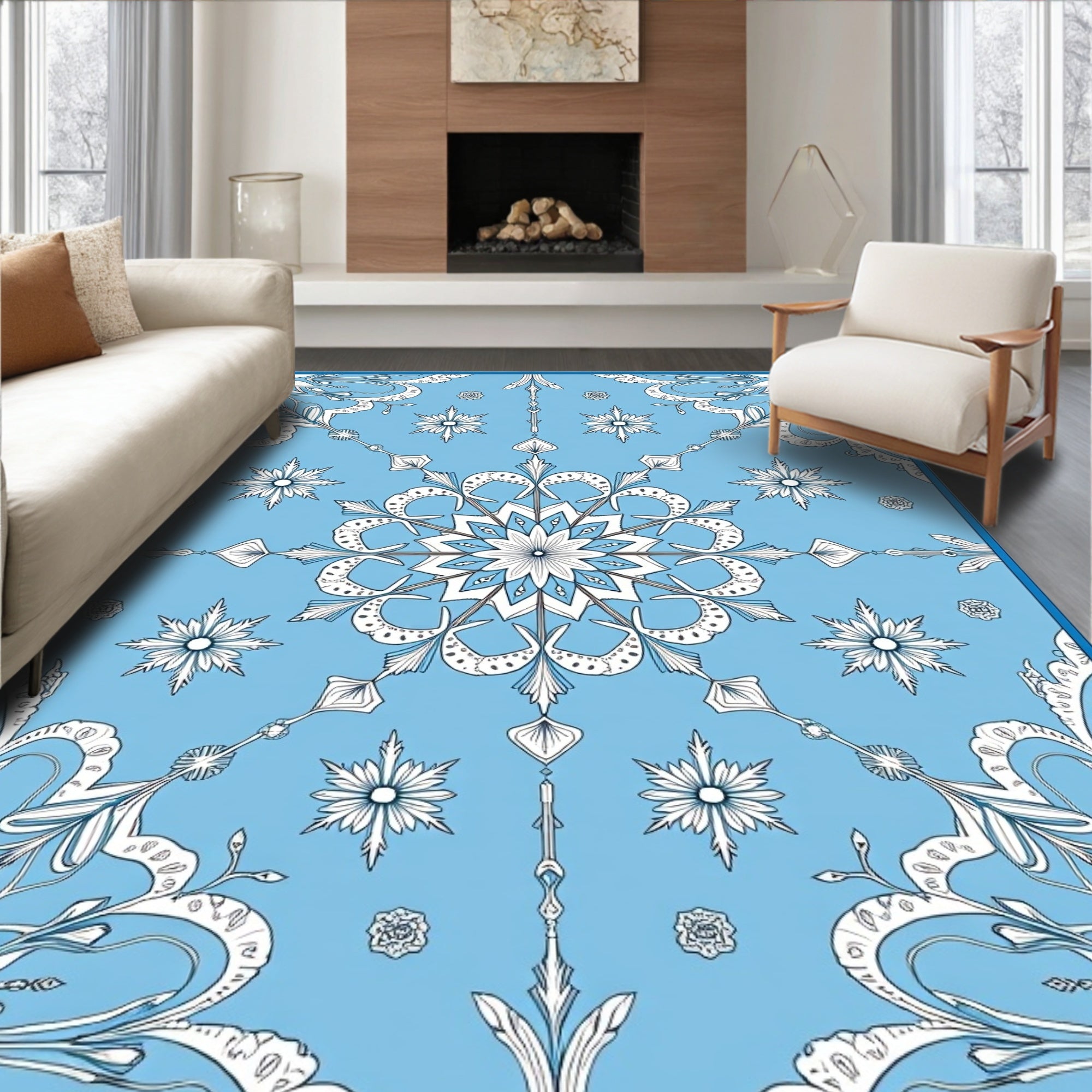 Sky Blue Ornate Floral Starburst Rug