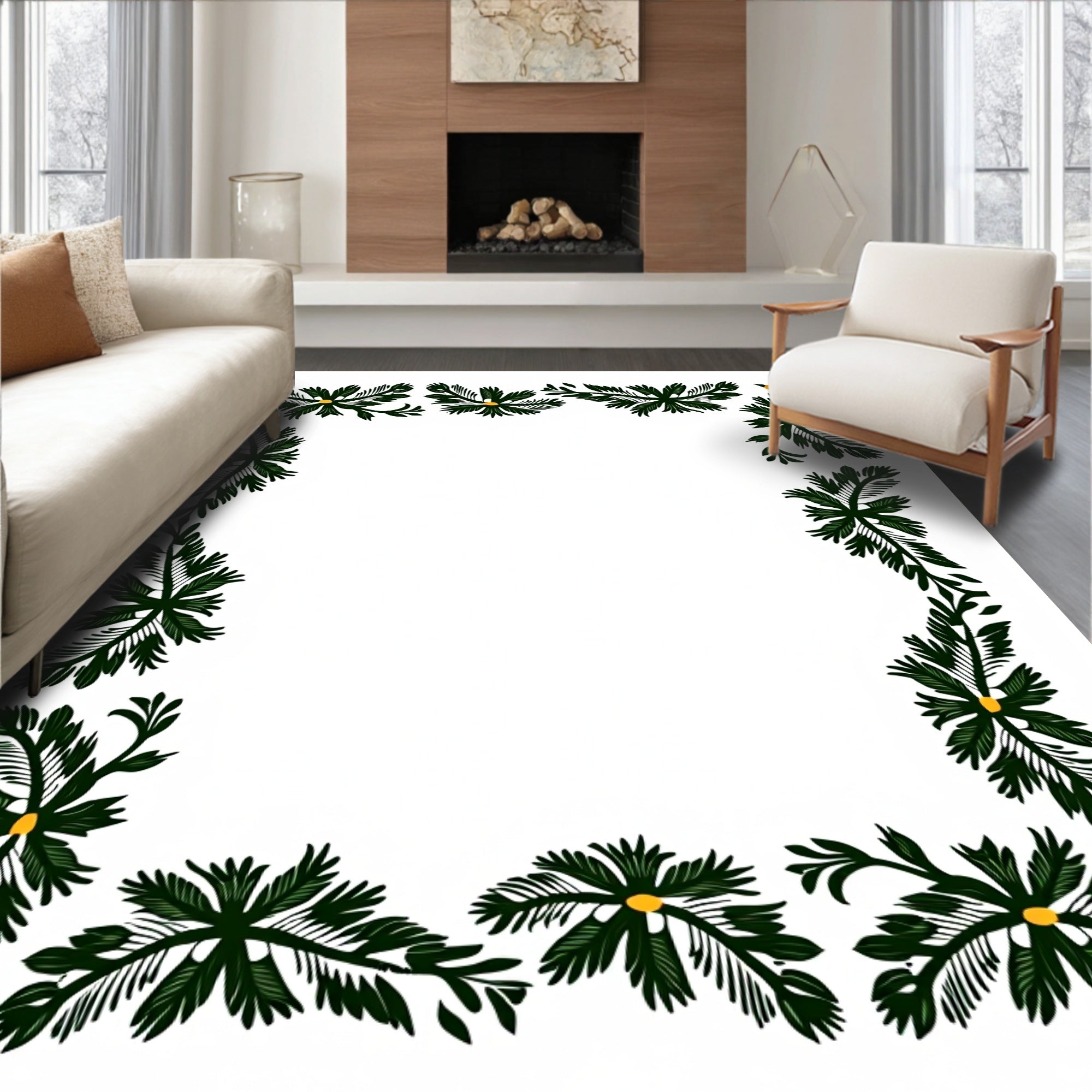 Green Leafy Border With Yellow Accents Rug