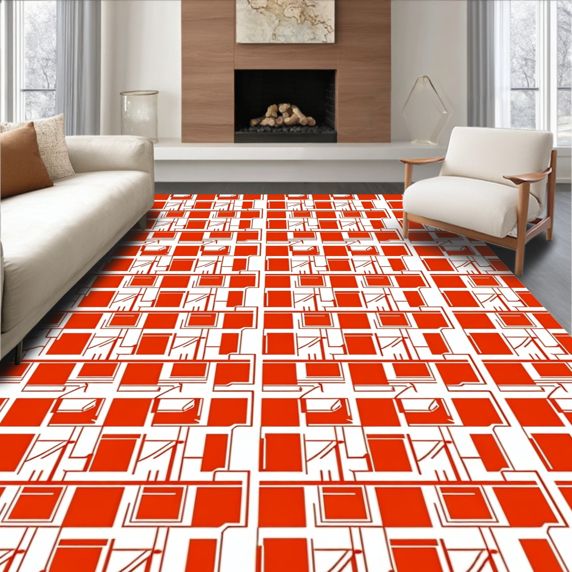 Red Geometric Grid Linear Design Rug