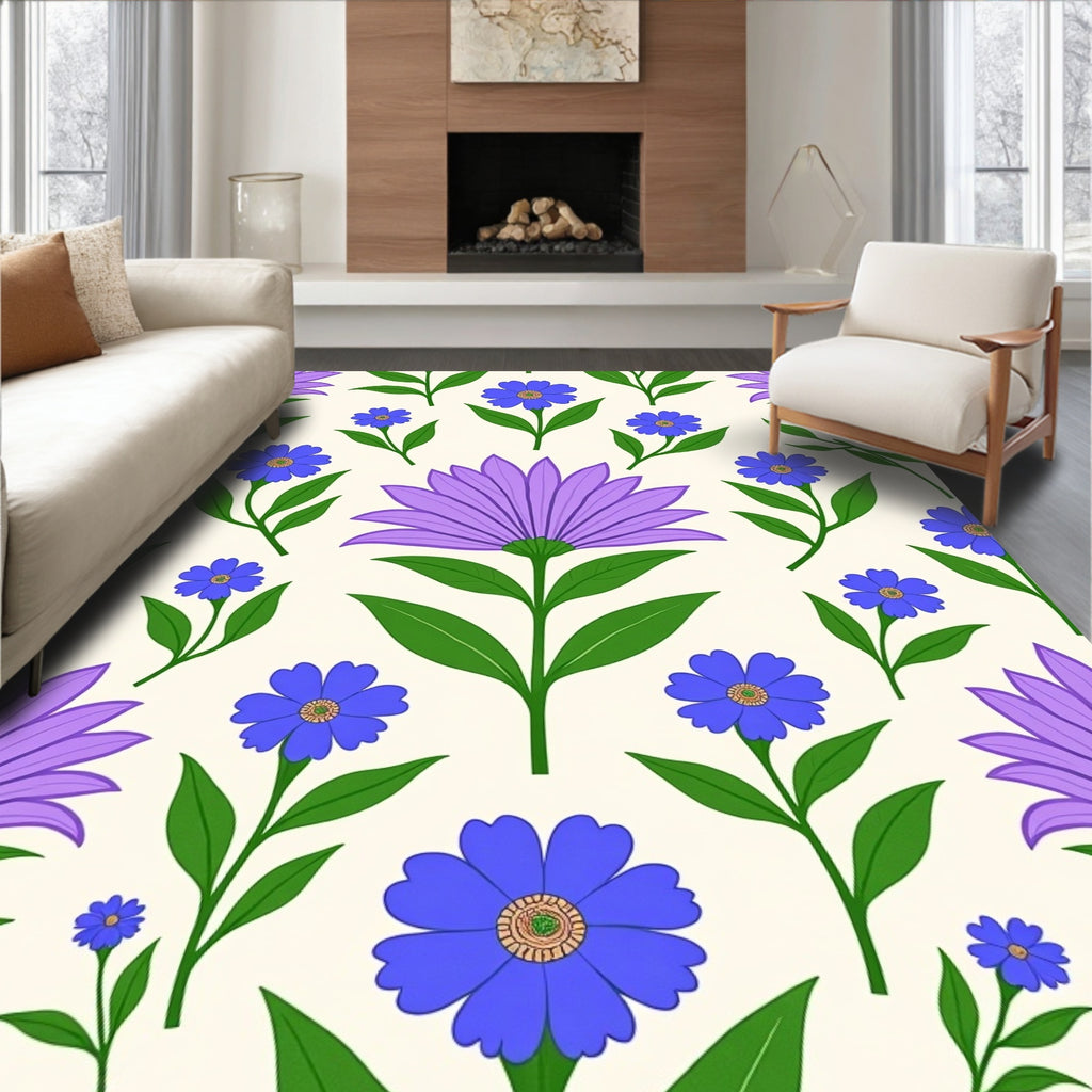 Charming Floral Pattern with Blue Purple Blooms Rug