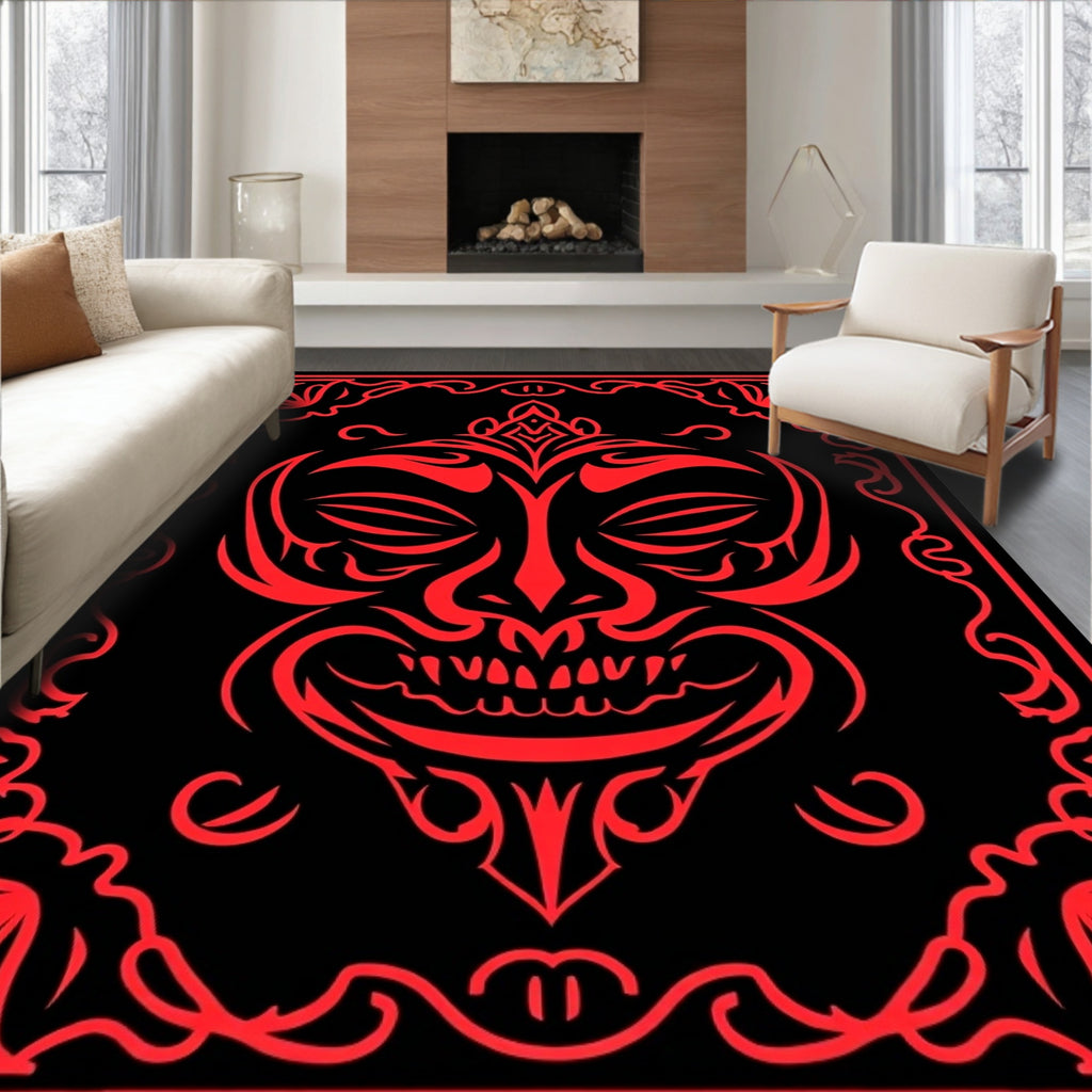 Bold Red Tribal Mask Design Rug