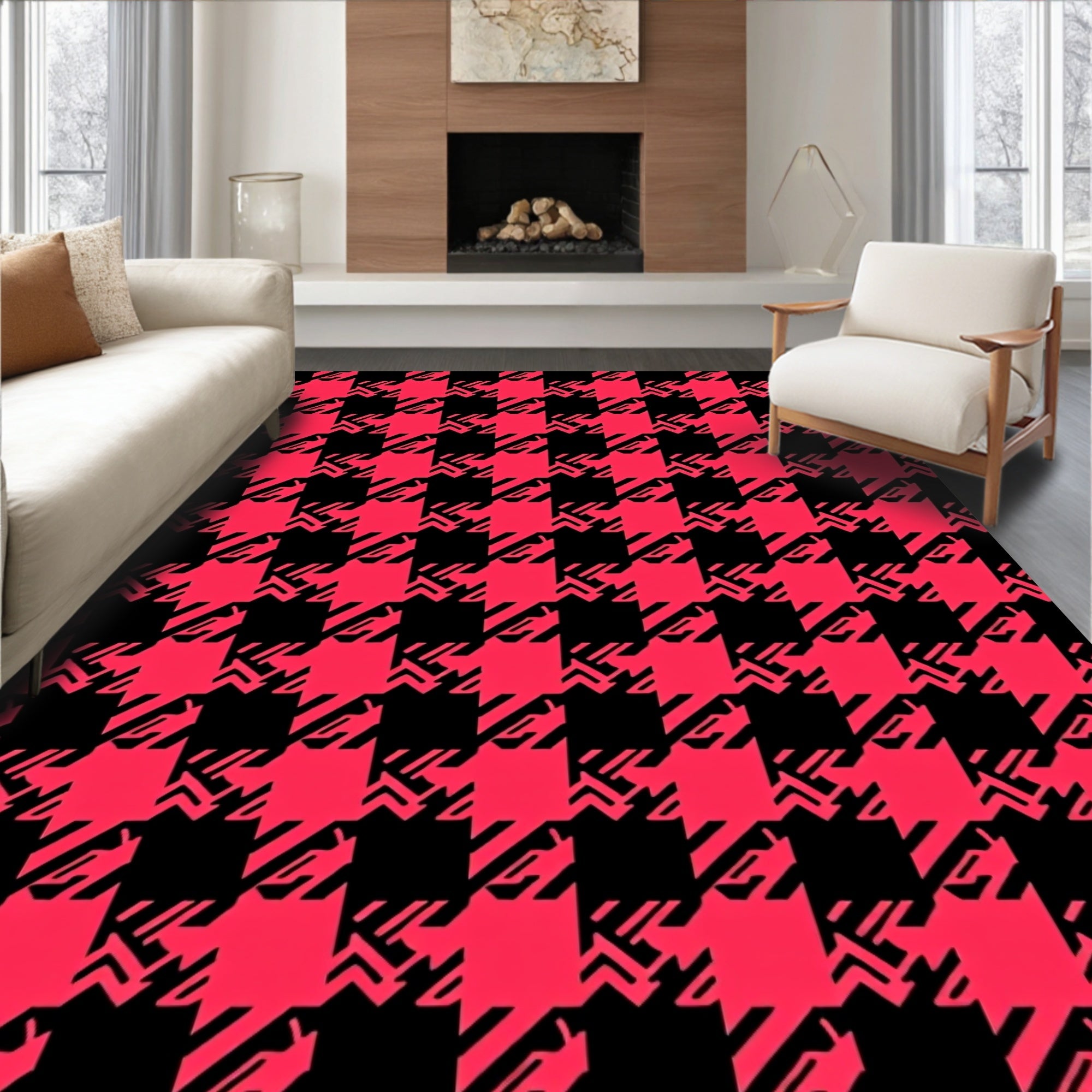Red Black Houndstooth Pattern Rug