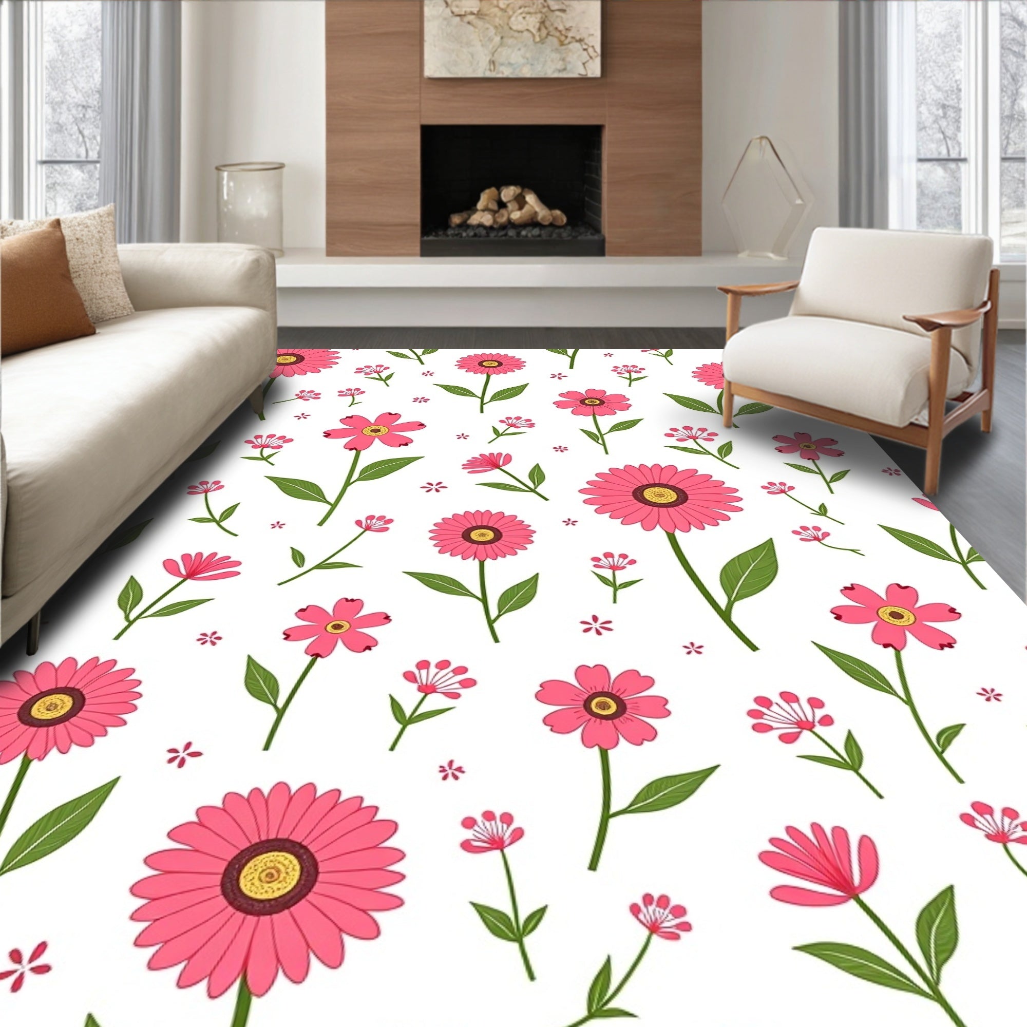 Pink Daisy Pattern Floral Design Rug