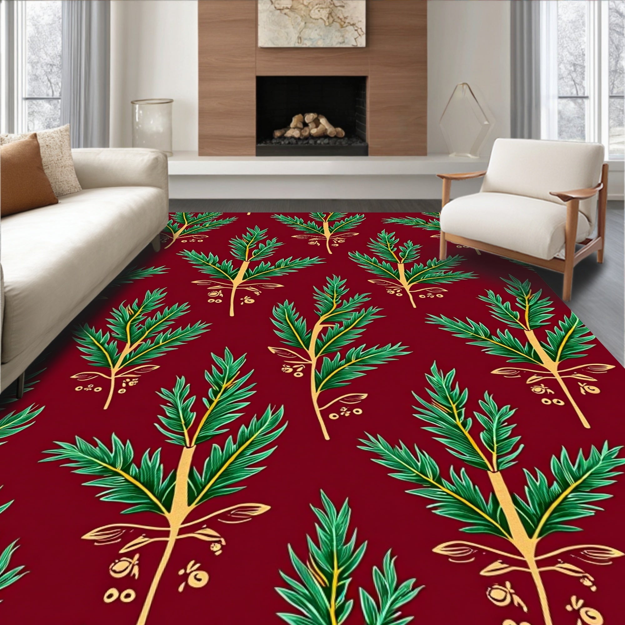 Classic Leaf Pattern Burgundy Area Rug