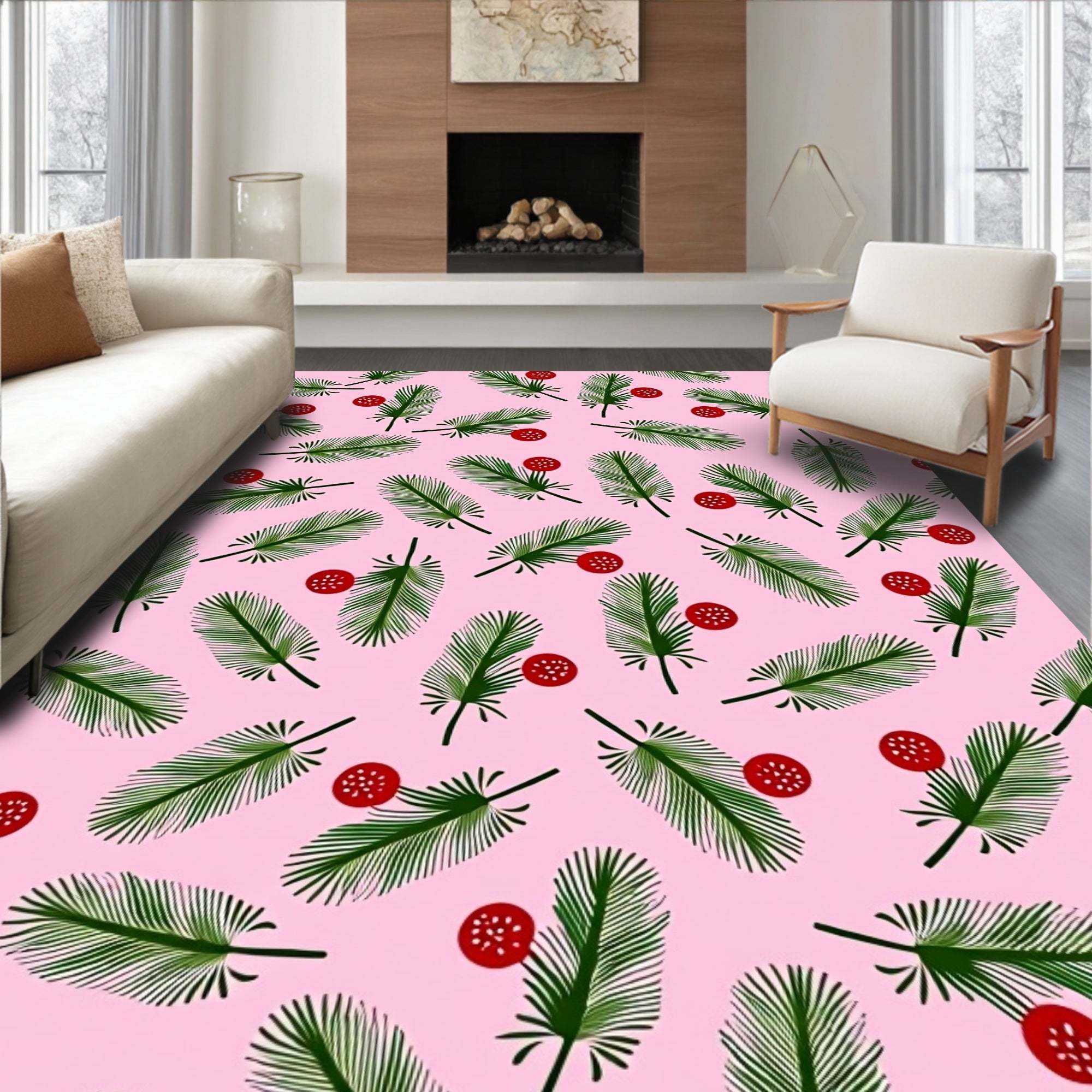 Festive Green Fir Sprigs Red Berries Rug