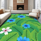 Tropical Green Leaves Blue Flowers Rug