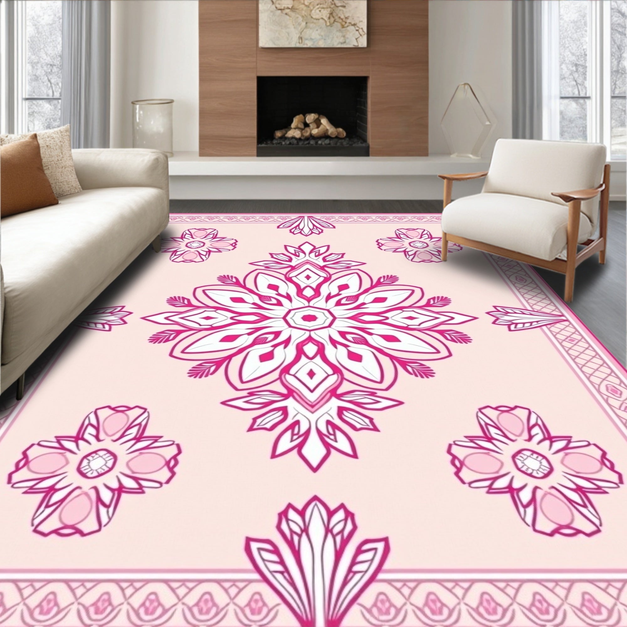 Pink Floral Mandala Pattern Rug