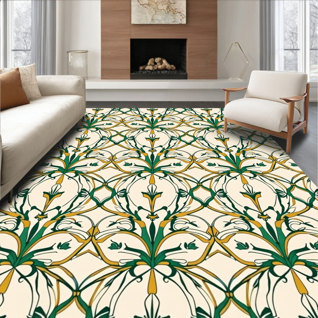 Art Nouveau Green Gold Floral Pattern Rug
