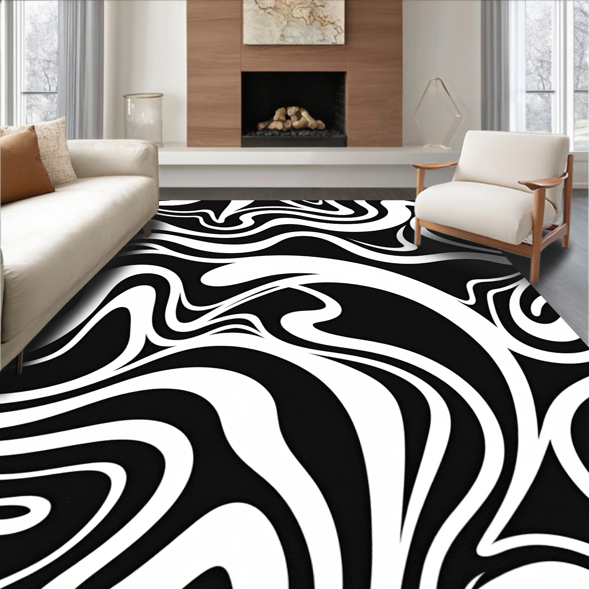 Bold Black White Swirl Pattern Rug