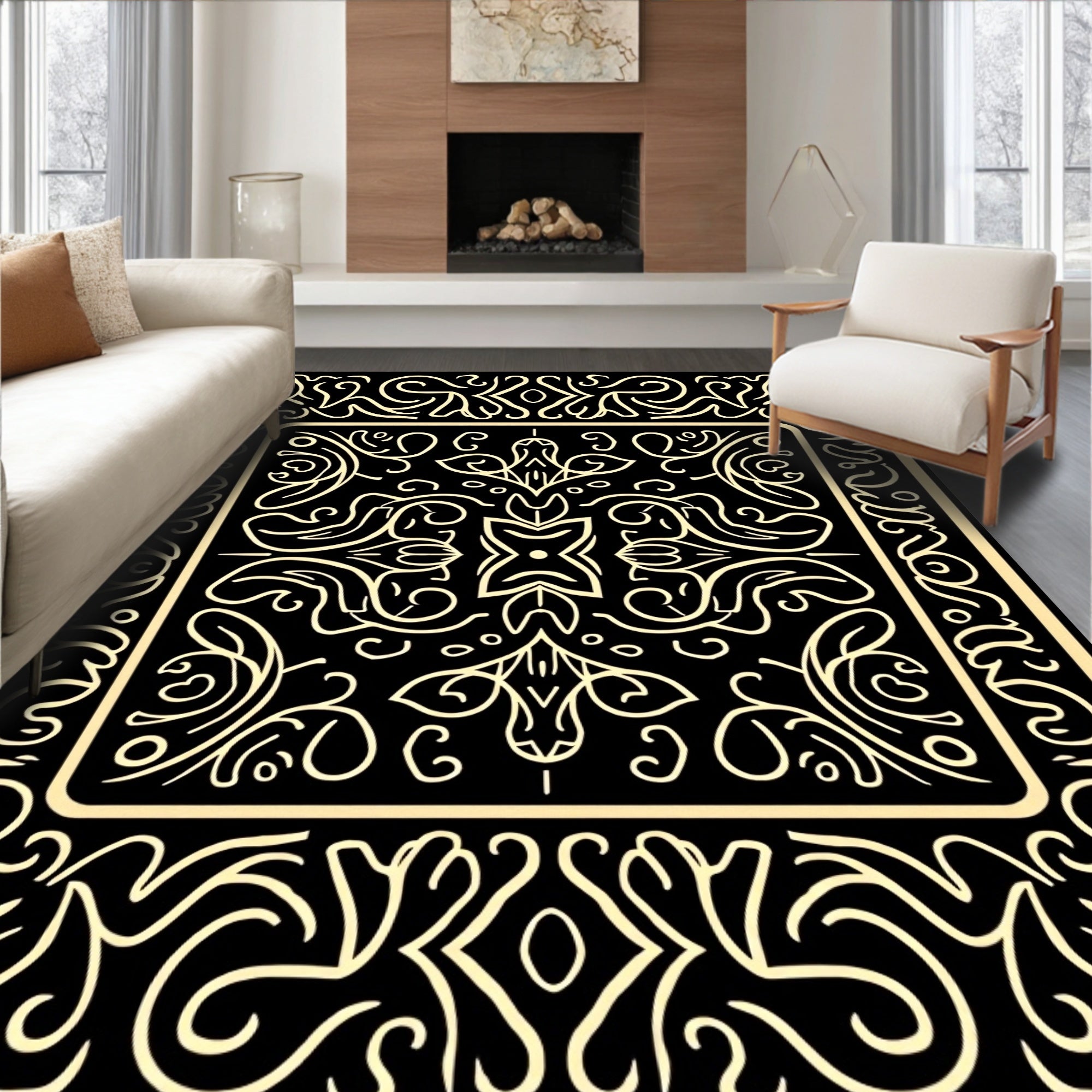 Ornate Gold Line Art Scrollwork Rug