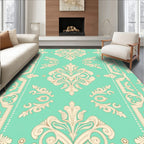 Cream Damask Pattern with Teal Backdrop Rug