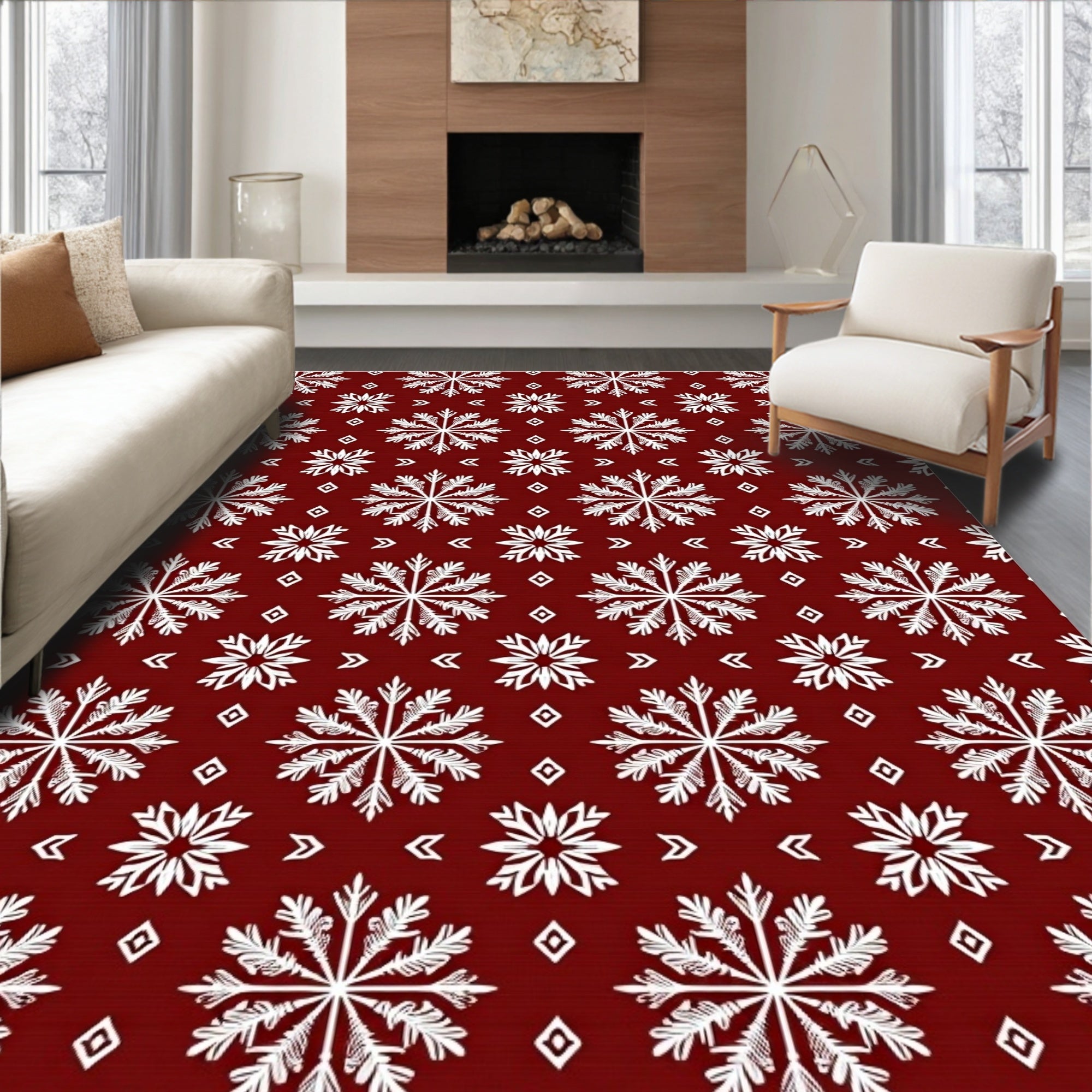 Crimson Snowflake Patterned Art Rug