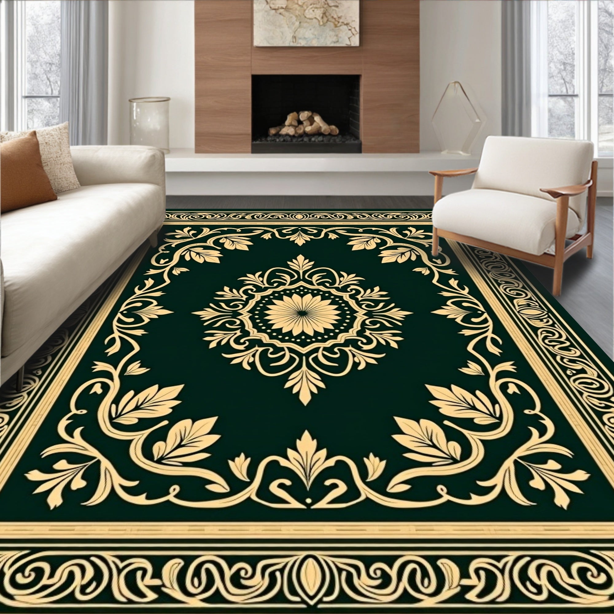 Ornate Floral Bordered Medallion Design Rug