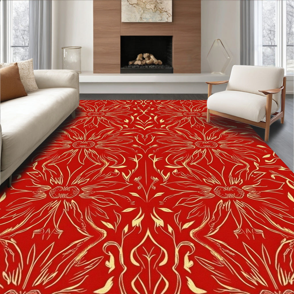 Ornate Red Gold Floral Pattern Rug