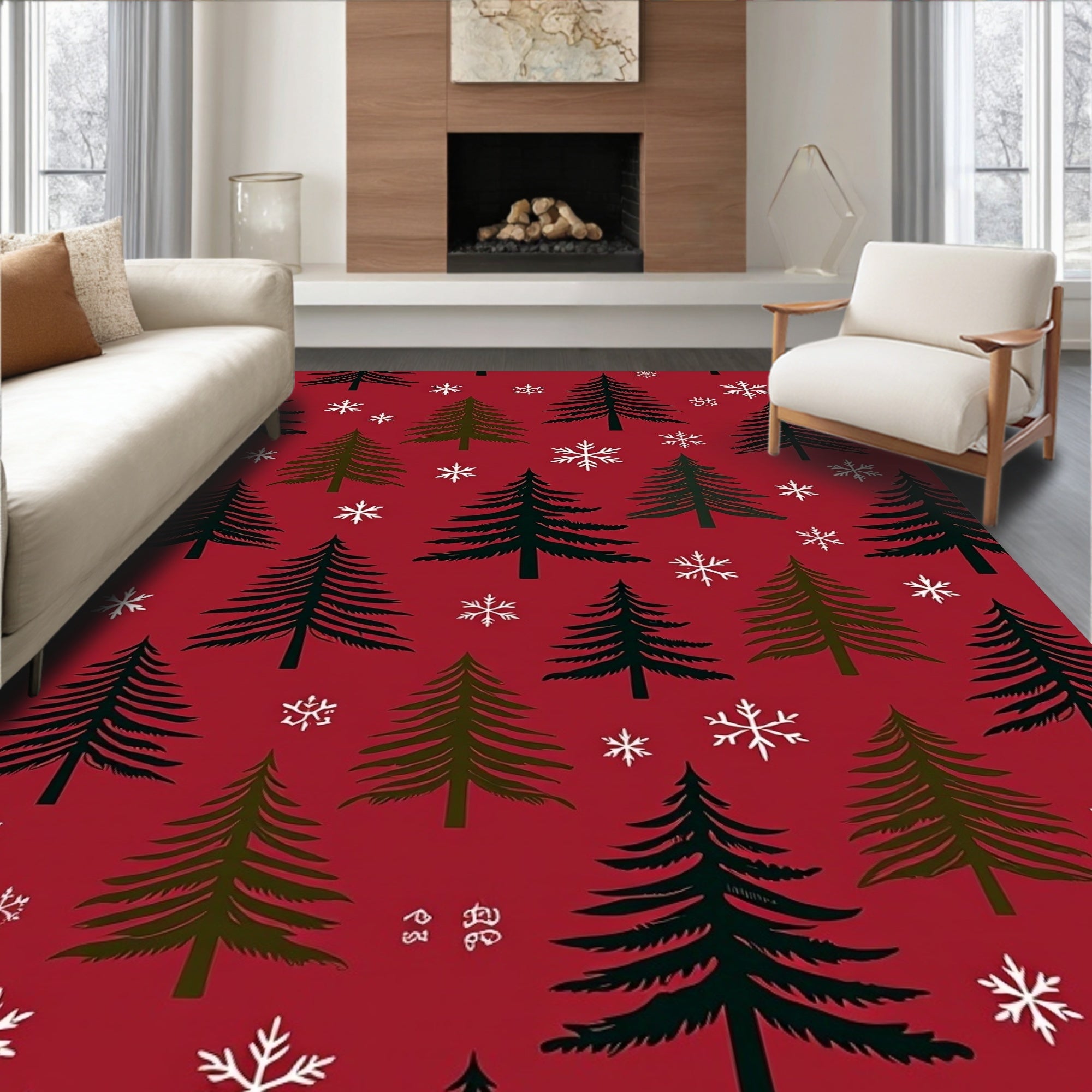 Red Evergreen Snow Pattern Rug
