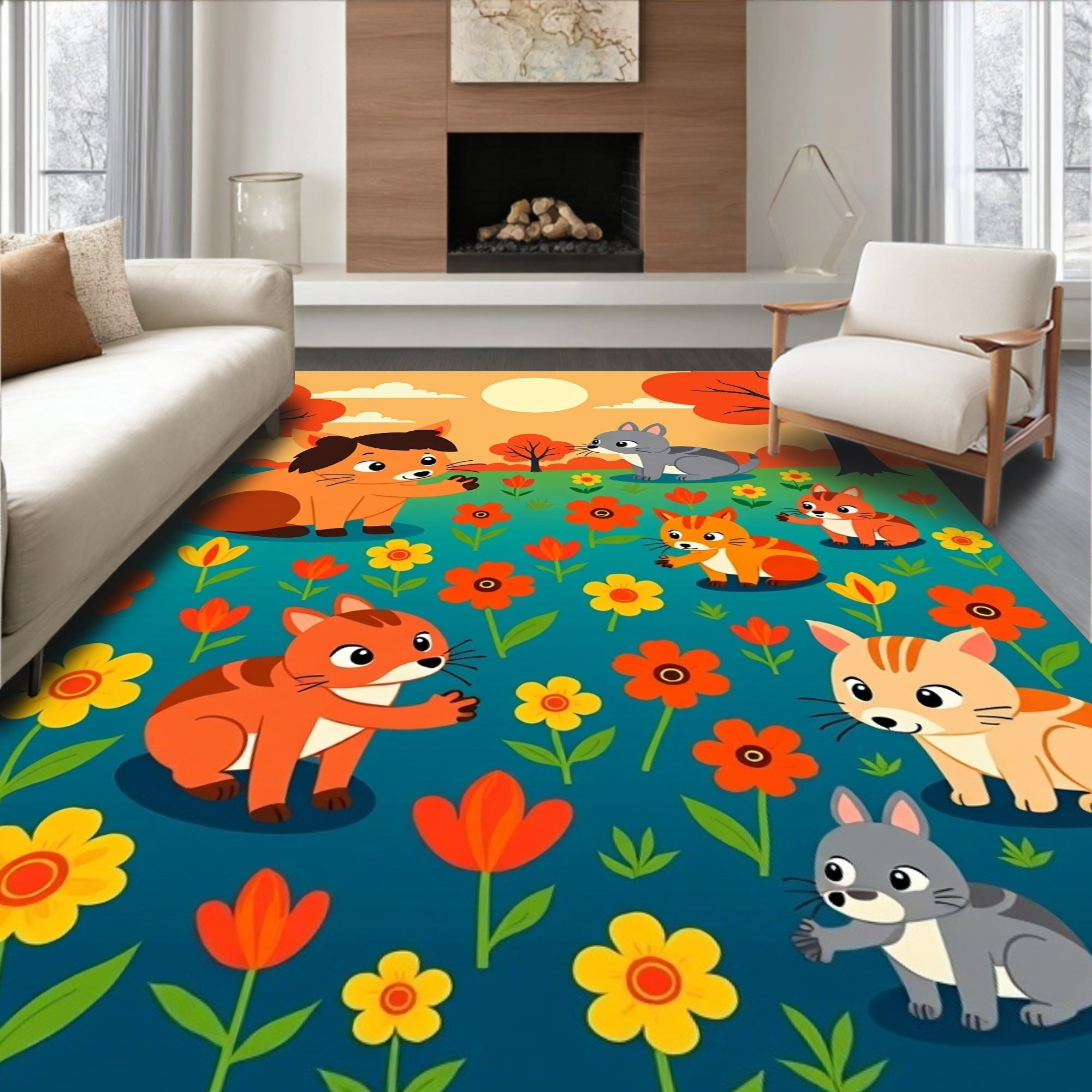 Cute Cats And Flowers Design Rug