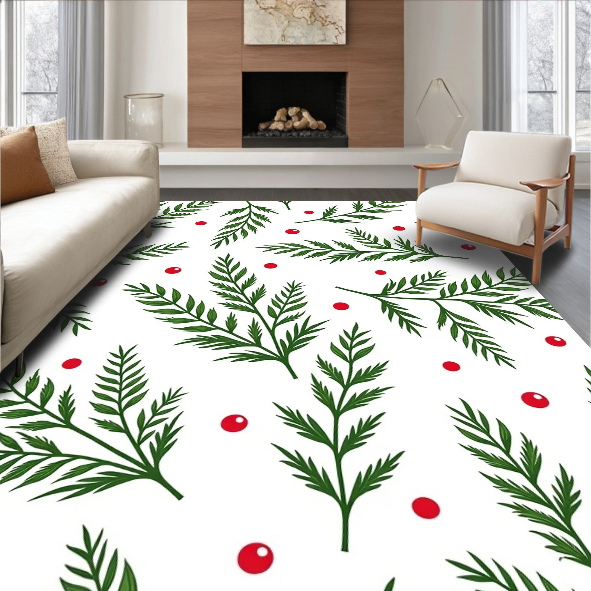 Green Fern Red Berry Garland Rug