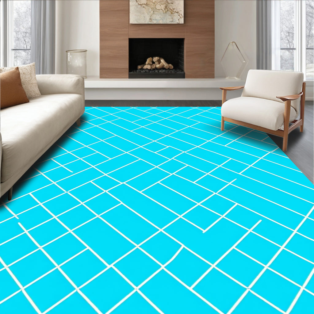 Bright Blue White Linear Pattern Rug