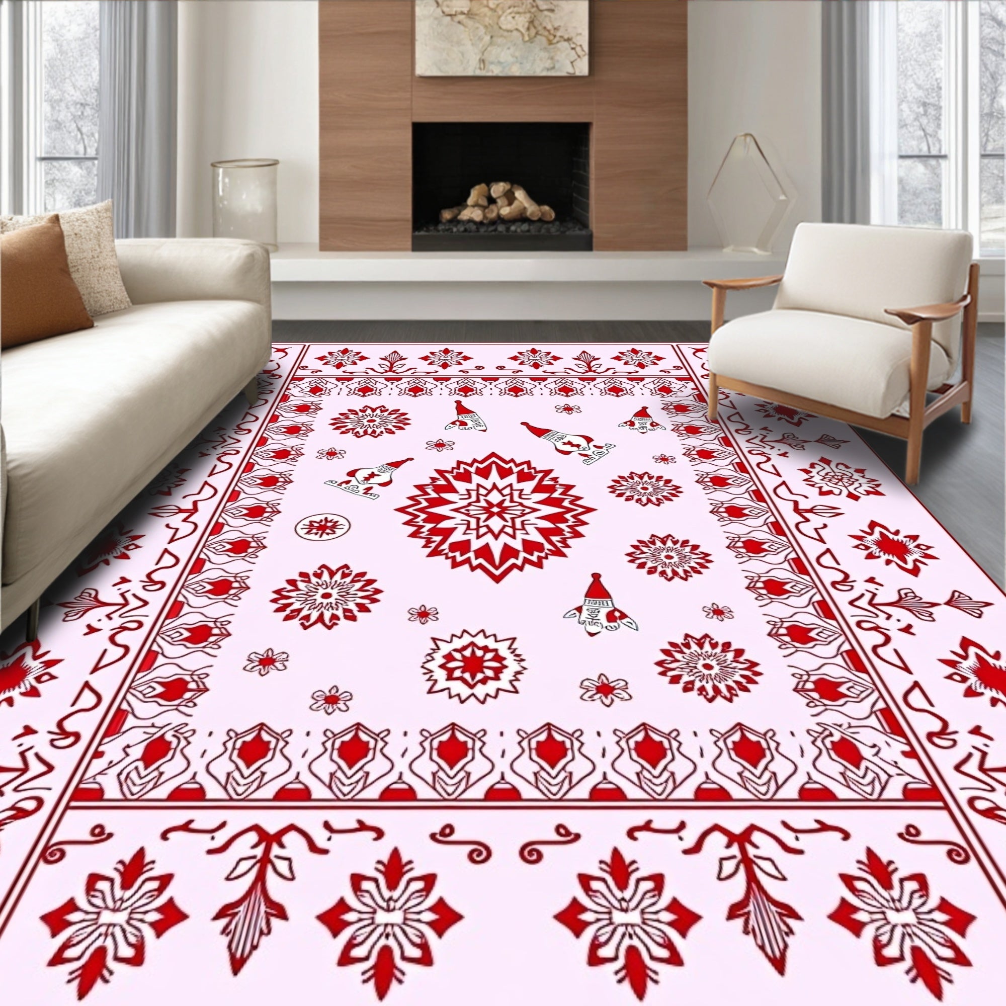 Crimson Red Festive Gnome Snowflakes Rug