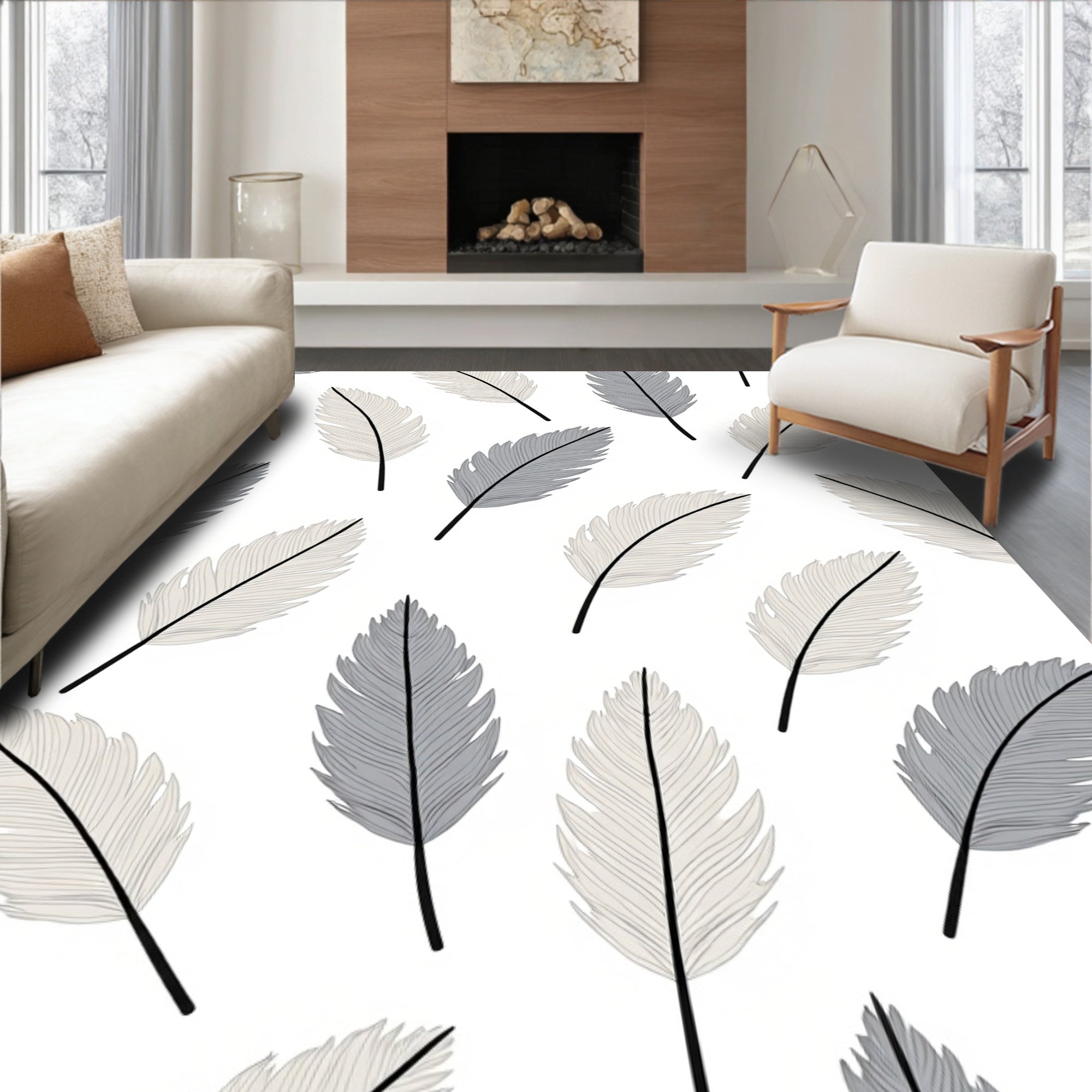 Feather Pattern Design In Grey And White Rug