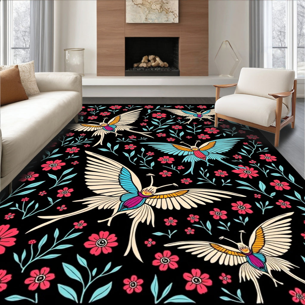 Whimsical Floral Bird Bloom Design Rug