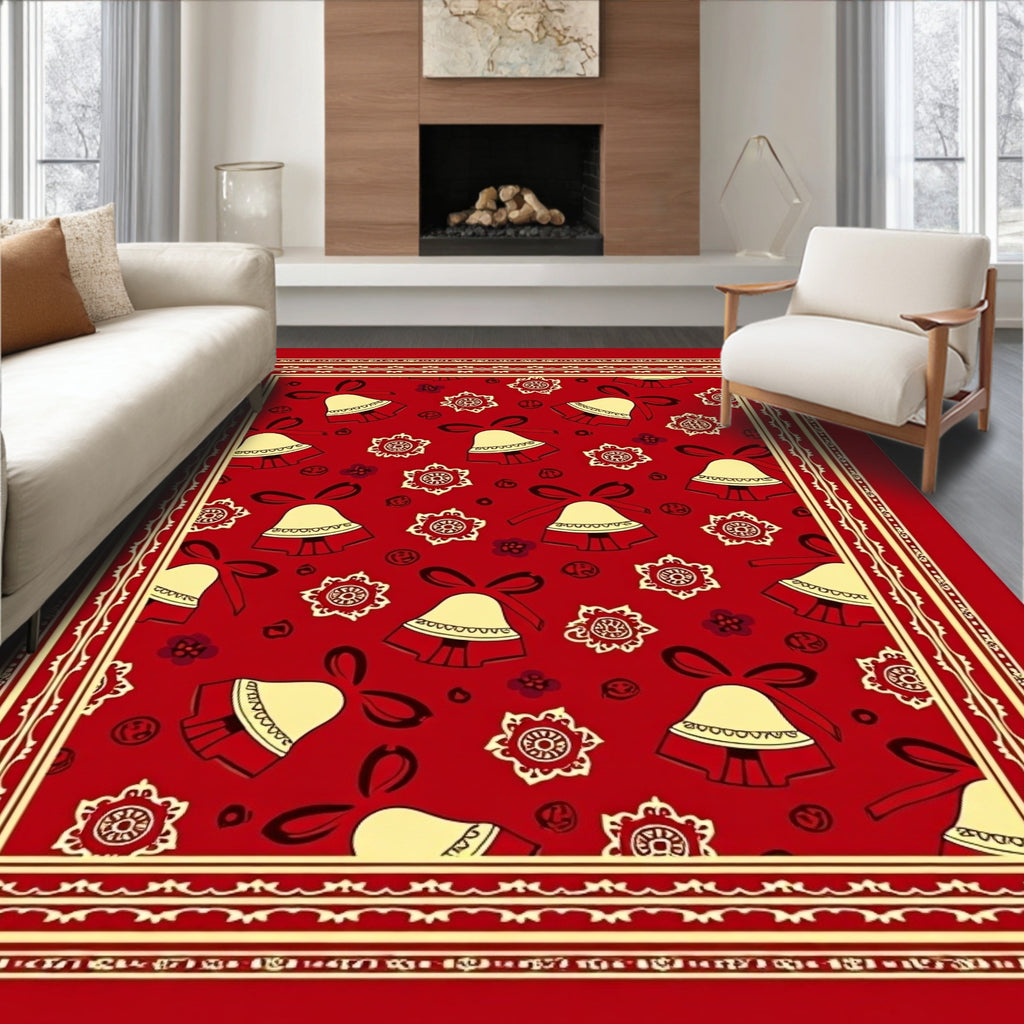 Festive Red Bell And Flower Pattern Rug
