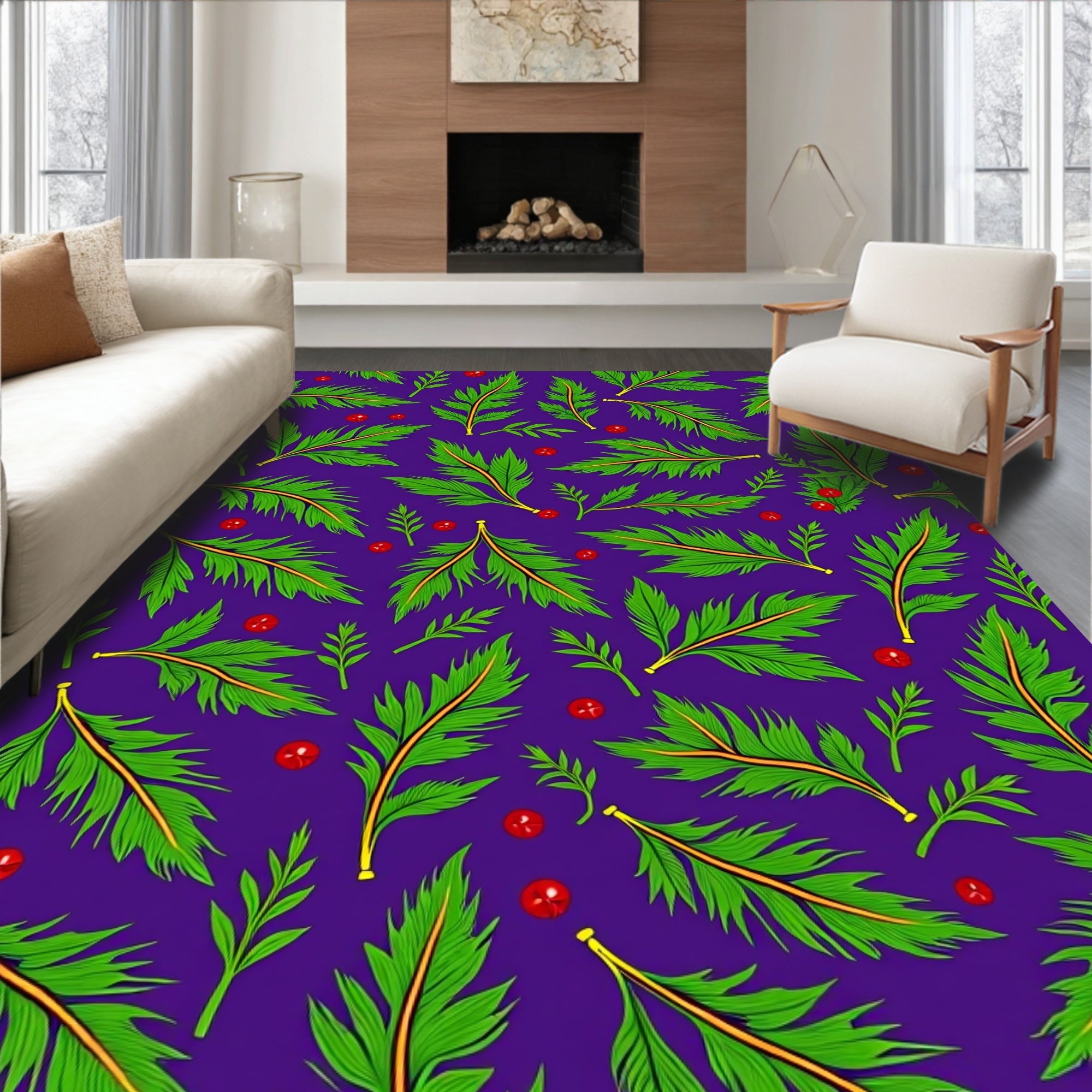 Foliage Print With Red Berries Rug