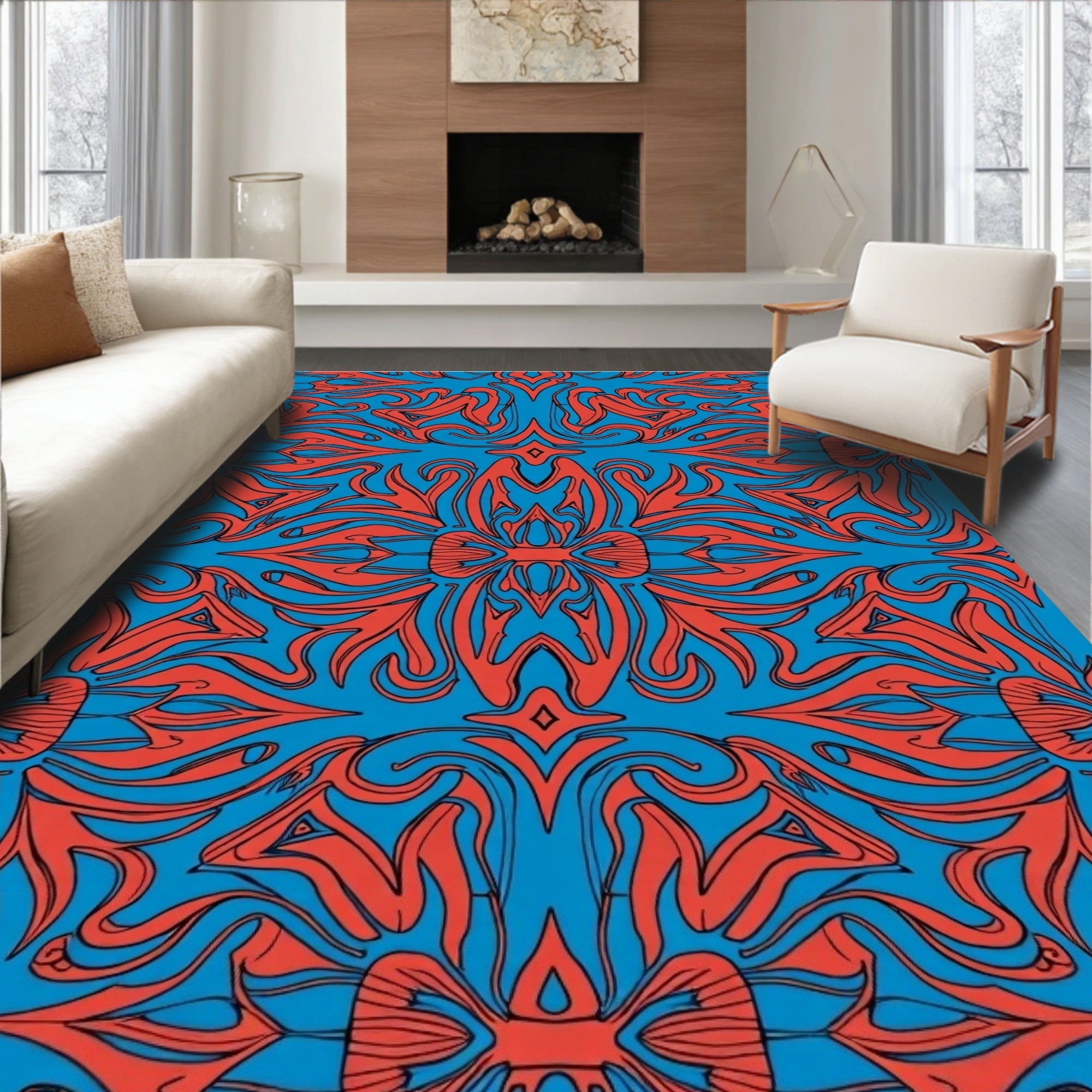 Blue Orange Abstract Swirl Pattern Rug