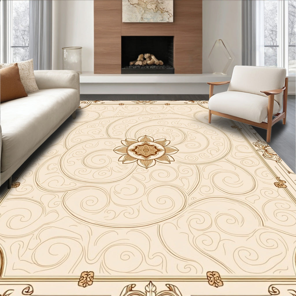 Cream Medallion Swirl Botanical Frame Rug