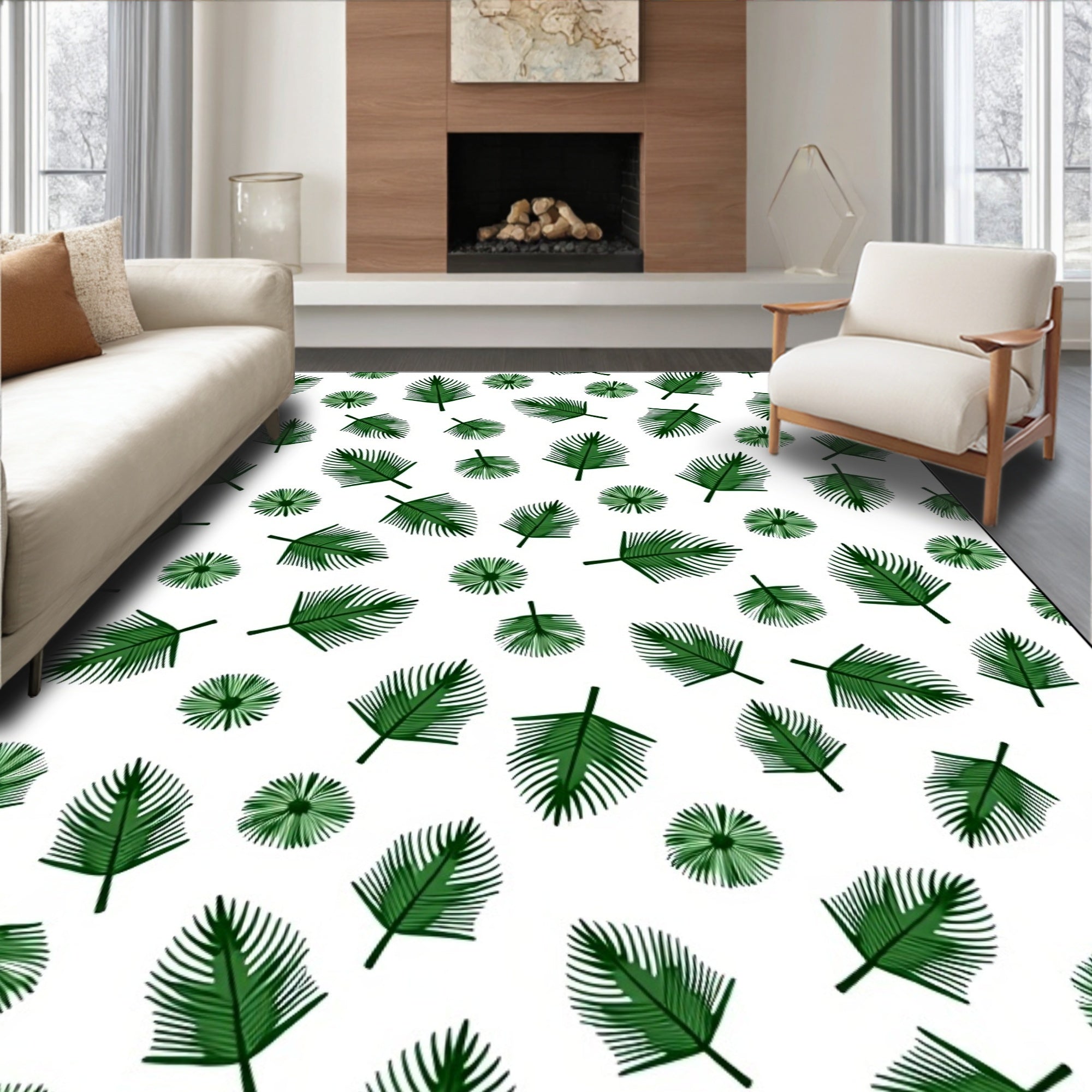 Tropical Green Leaf Patterned Rug