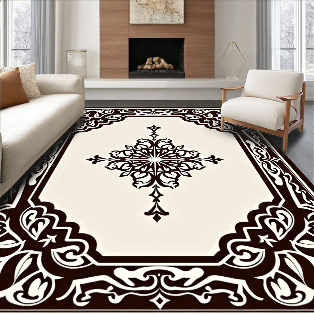Ornate Dark Brown Floral Frame Rug