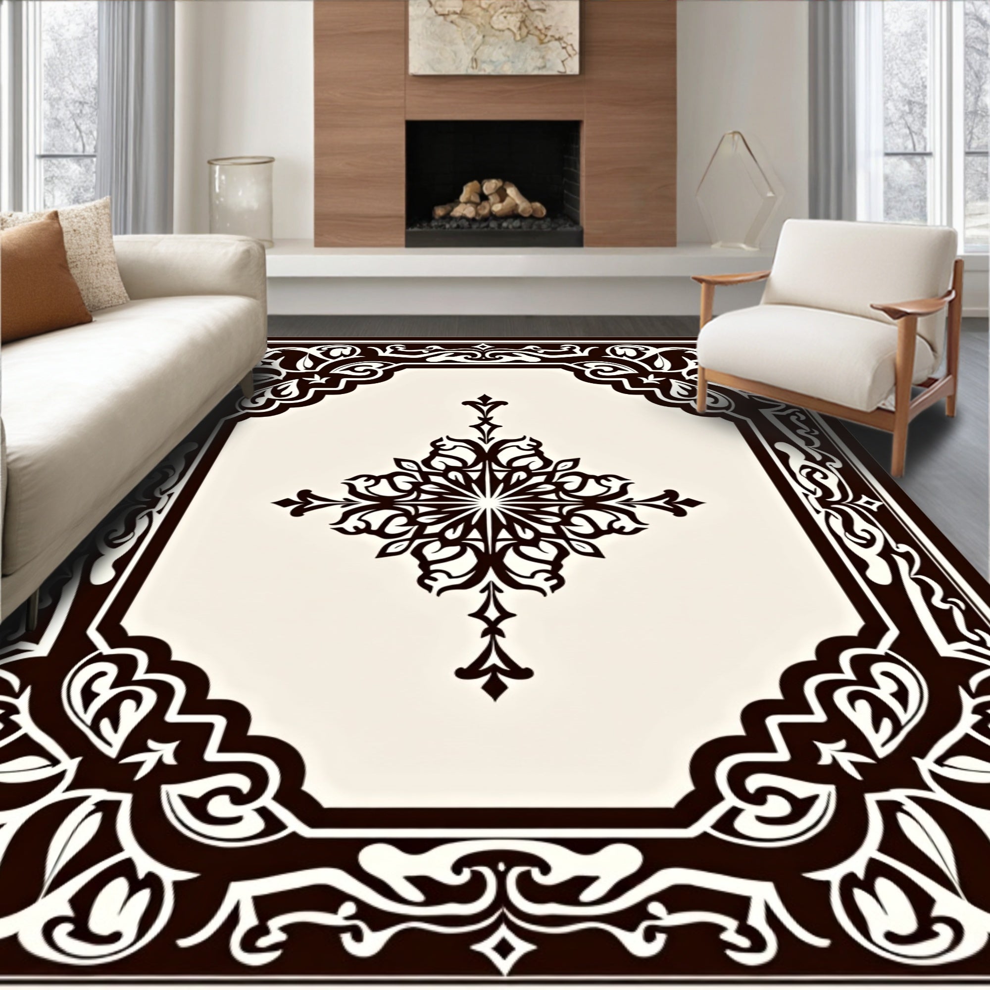 Ornate Dark Brown Floral Frame Rug