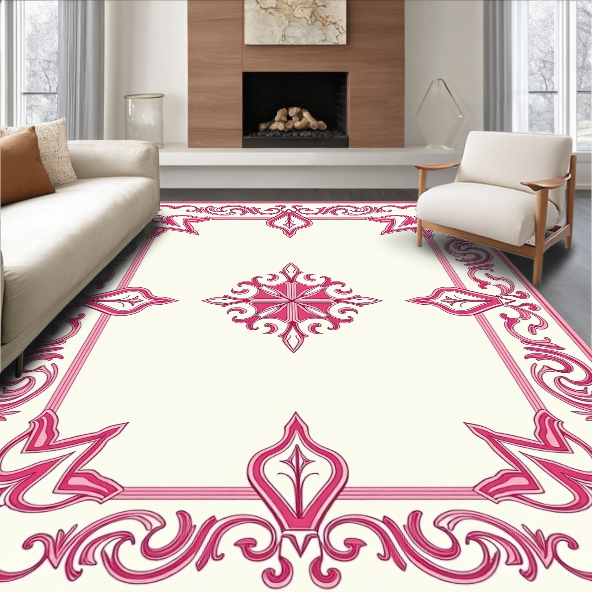 Ornate Pink Floral Scrollwork Pattern Rug