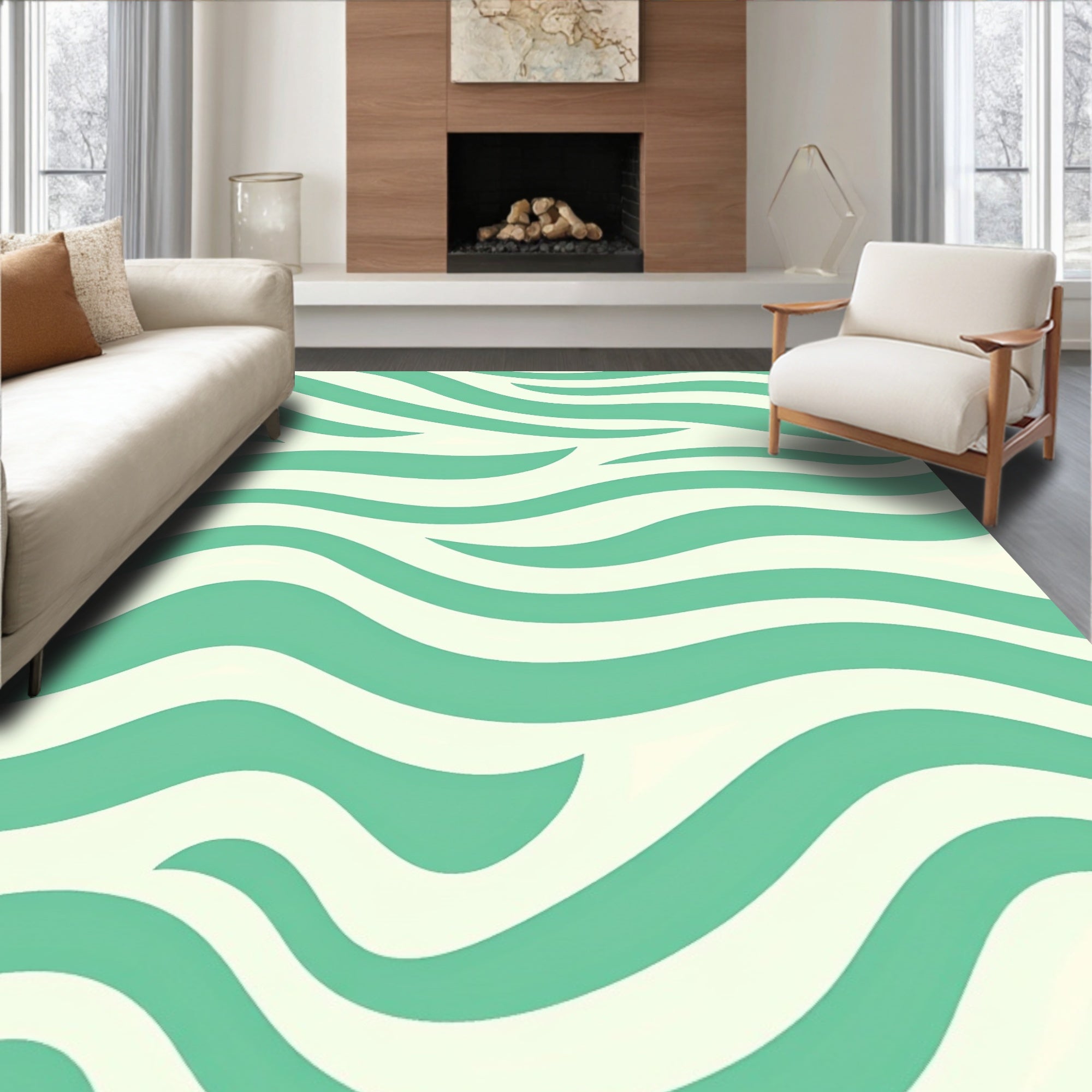 Abstract Teal White Wavy Stripes Rug