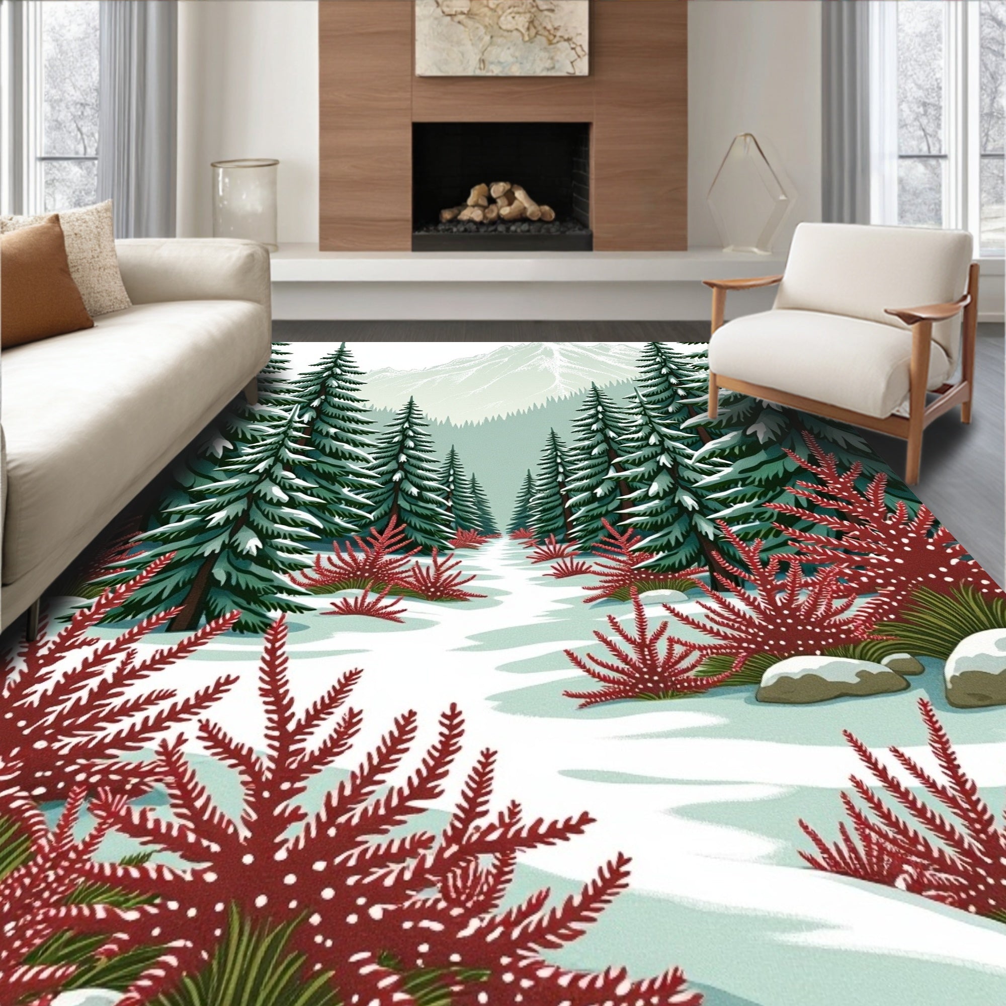 Winter Evergreen Forest Scenic Path Rug