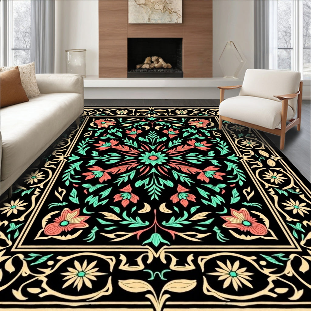 Black Coral Mint Floral Scroll Rug