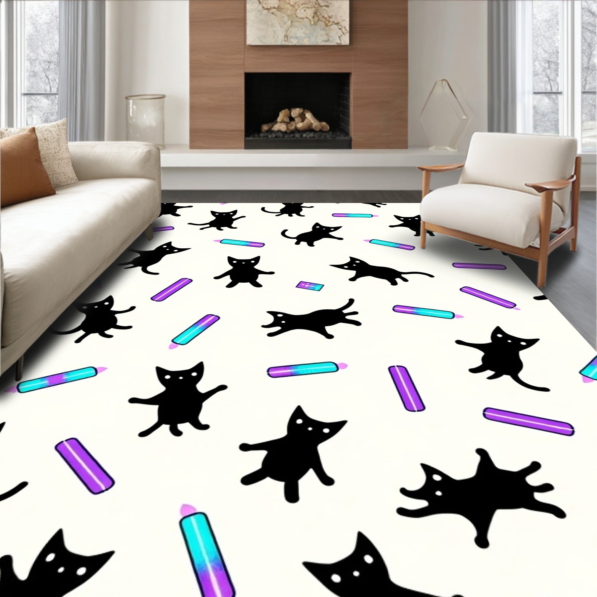 Playful Black Cats 2 Marker Pattern Rug